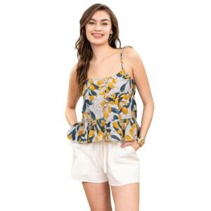 Mine for Anthropologie Blue Yellow Leaf Print Tiered Baby Doll Style Tank Size L